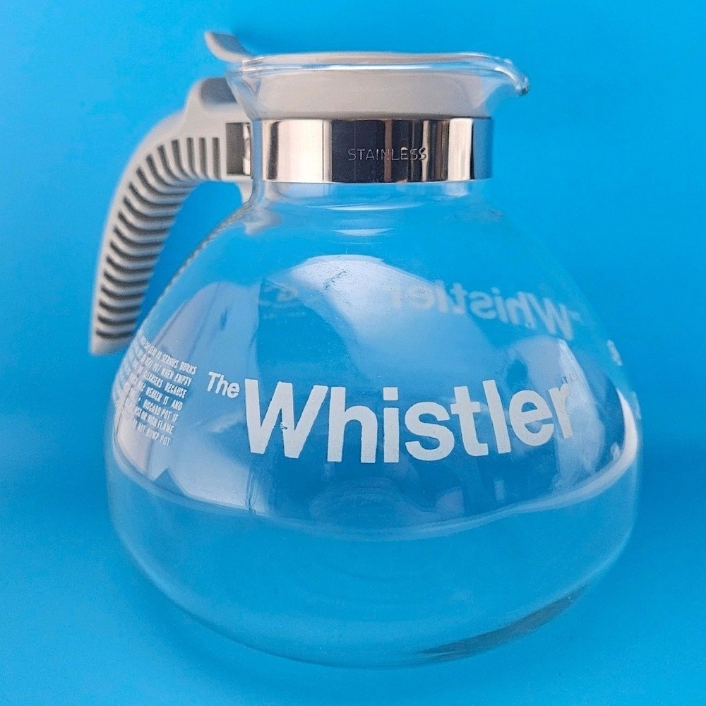 Vintage Gemco The Whistler 8 Cup Glass Tea Kettle White Handle K-16